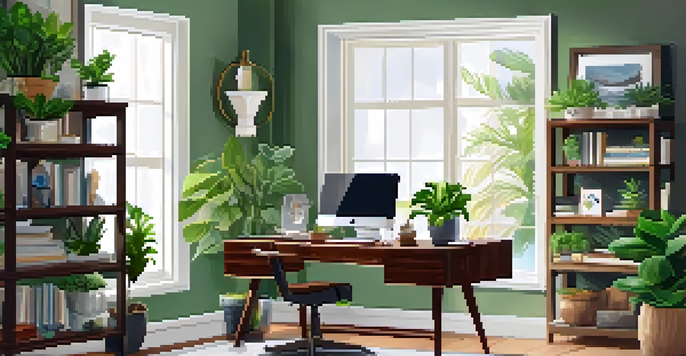 A cozy home office with a wooden desk and small indoor plants, illuminated by natural light from a nearby window.
