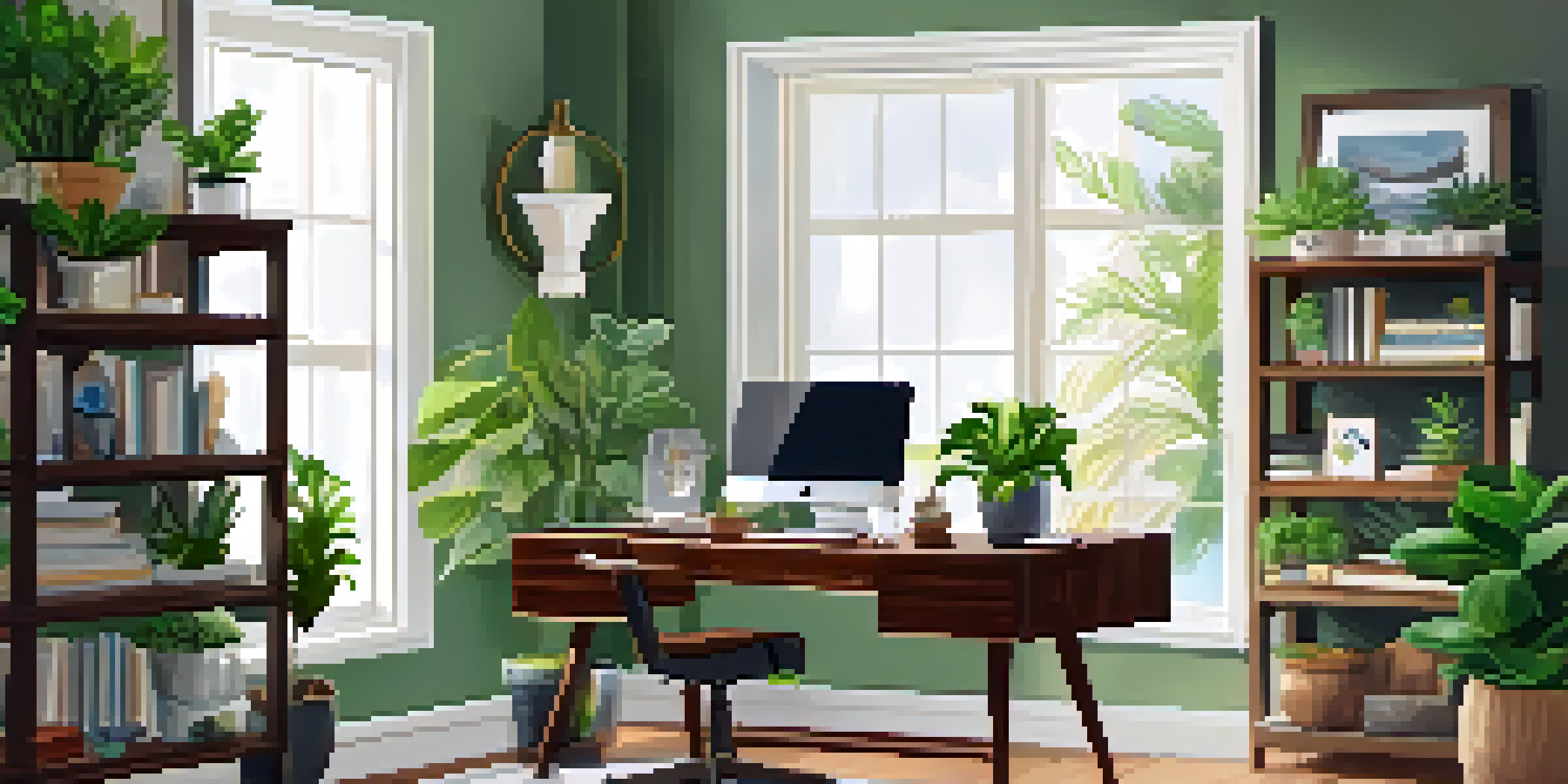 A cozy home office with a wooden desk and small indoor plants, illuminated by natural light from a nearby window.