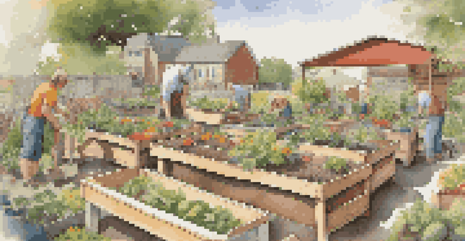 A woodworker building a garden box in a community garden, surrounded by colorful plants and vegetables under warm sunlight.
