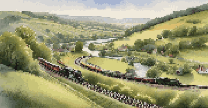 A model railroad scene showcasing a calm countryside with hills, a river, and a village under warm sunlight.