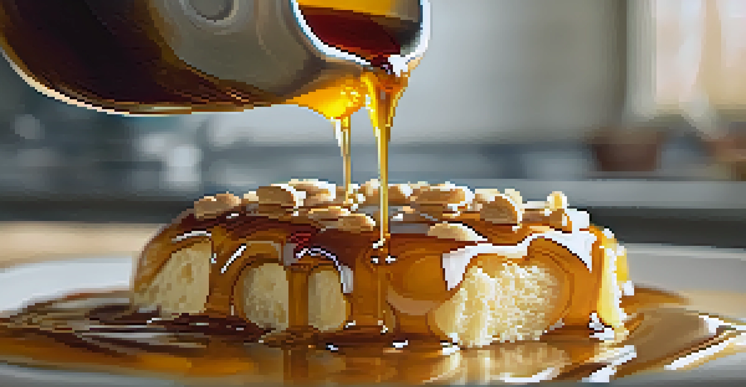 A close-up of a vegan pastry being drizzled with maple syrup, with a blurred kitchen background.