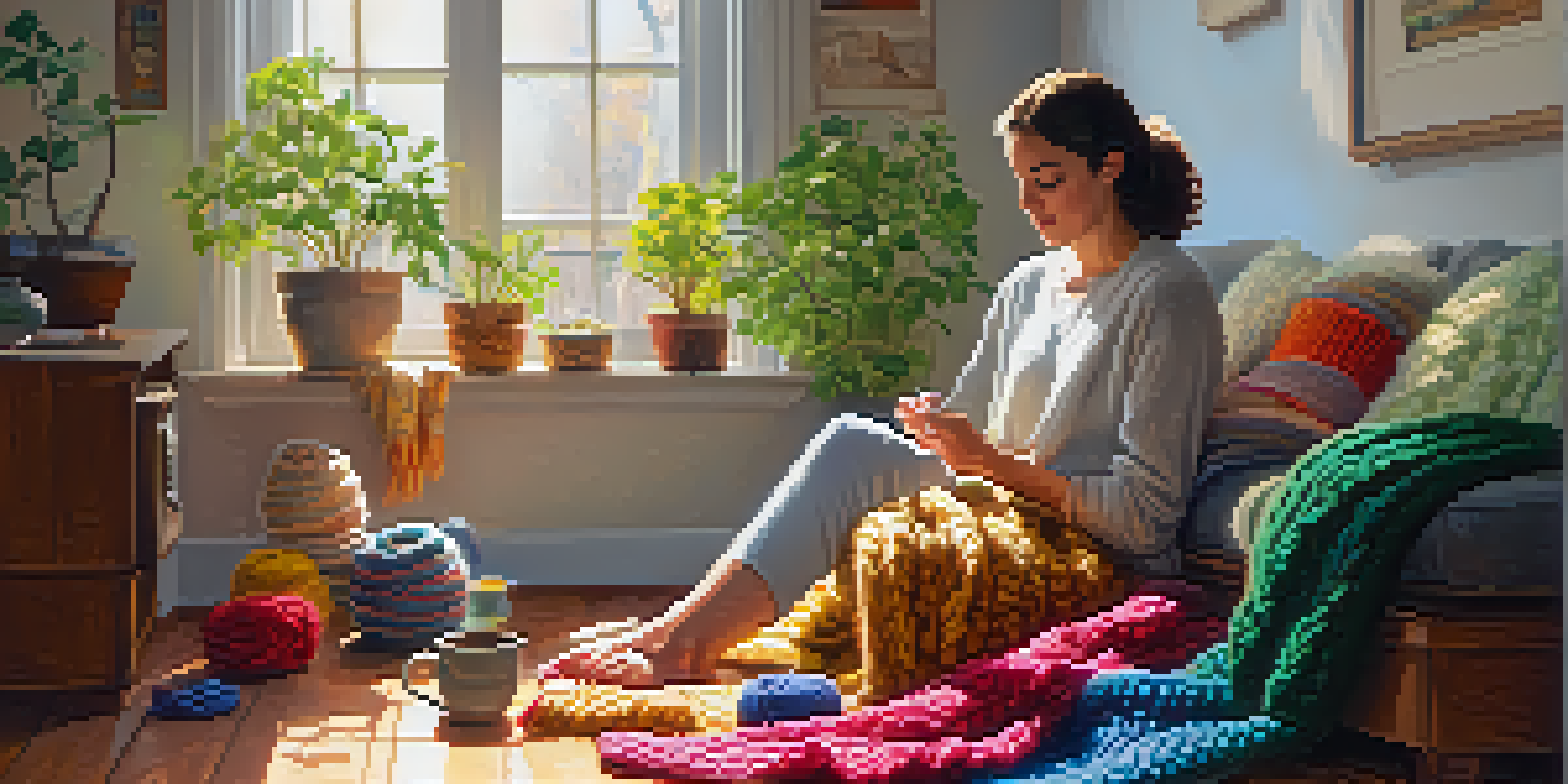 A woman knits in a bright living room filled with yarn and plants, enjoying a cup of tea.