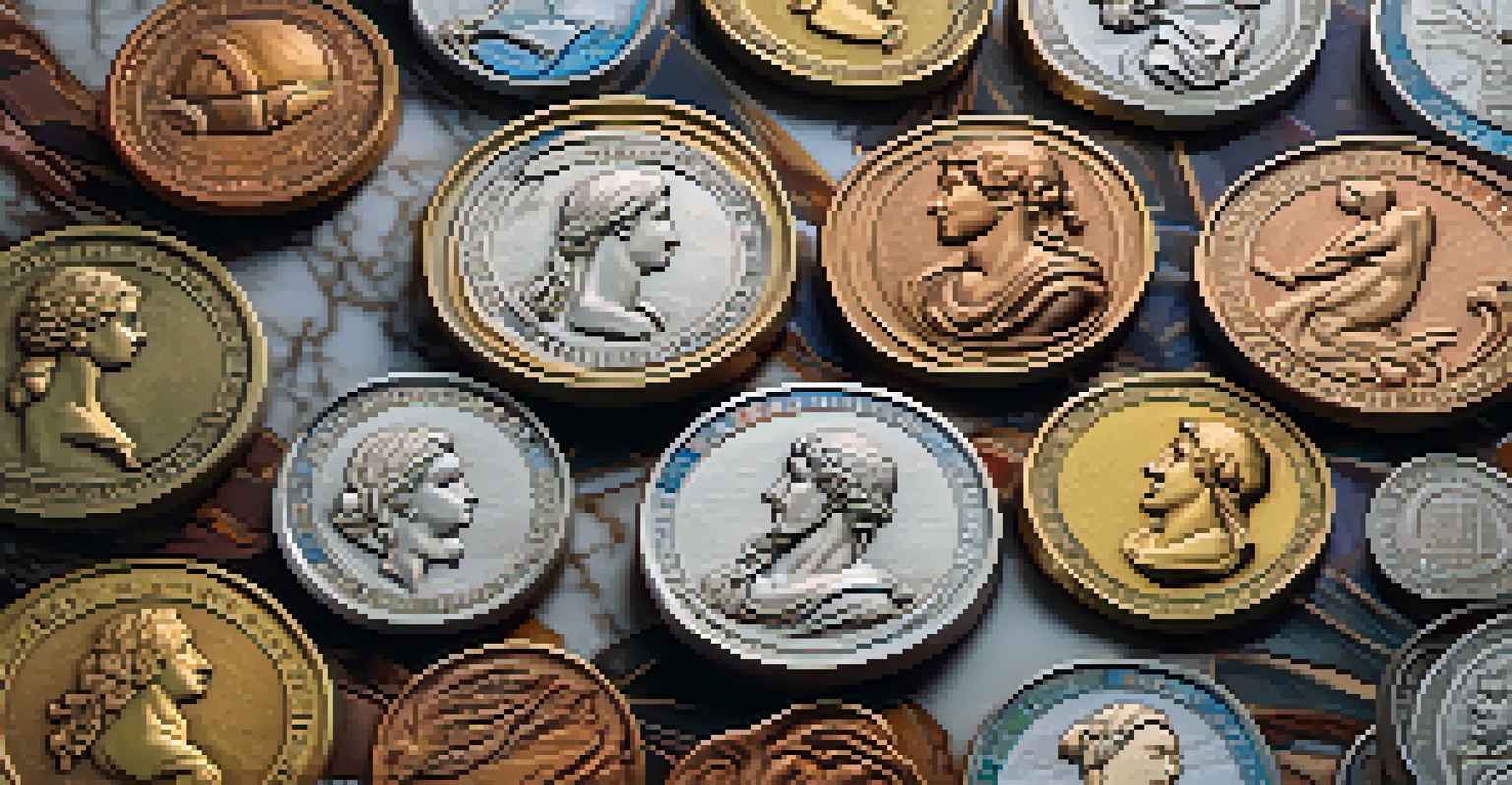 Renaissance coins displayed on a marble surface, reflecting vibrant colors and detailed artwork.