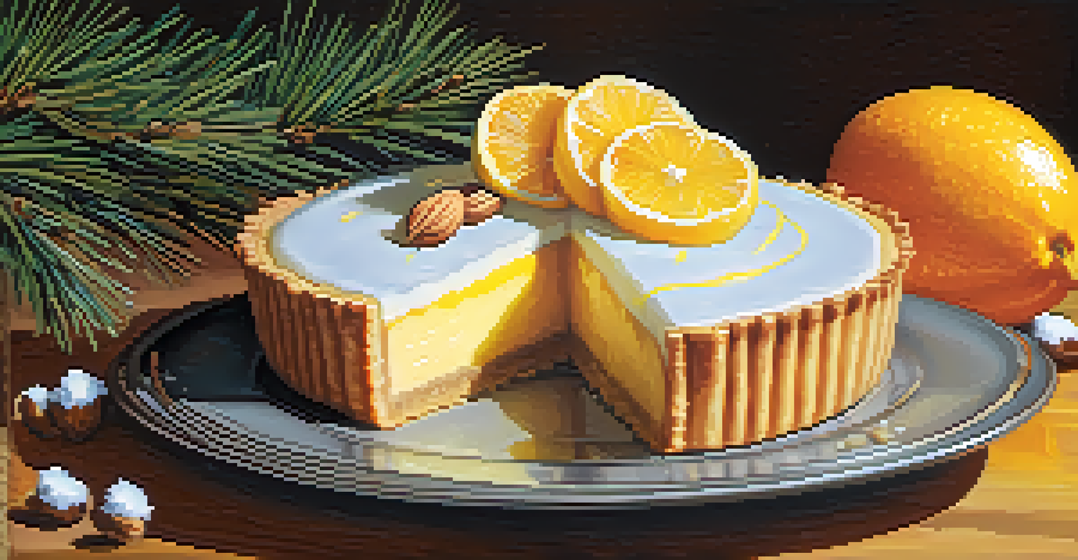 A winter dessert display featuring a citrus tart with orange and lemon slices, surrounded by almonds and decorated with pine branches.