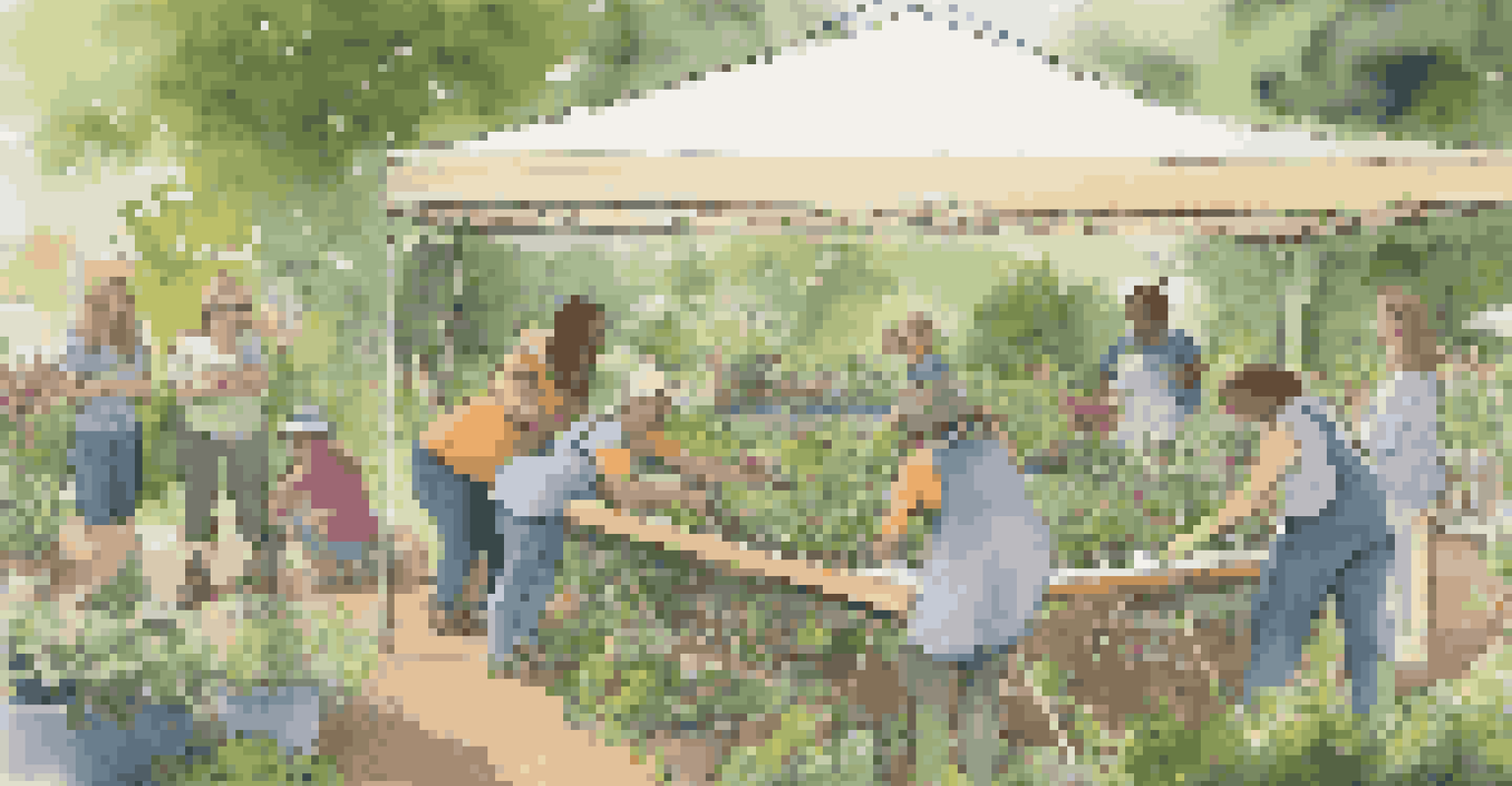A community gardening workshop with people gathered around a table, engaging in gardening activities.