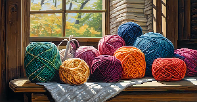 A basket filled with colorful yarns of different textures and weights, illuminated by soft natural light.