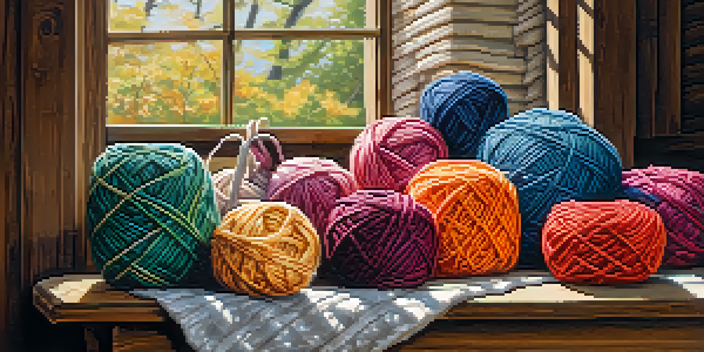 A basket filled with colorful yarns of different textures and weights, illuminated by soft natural light.