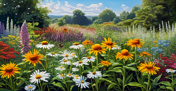 A colorful garden with native wildflowers and pollinators like bees and butterflies, under a sunny blue sky.