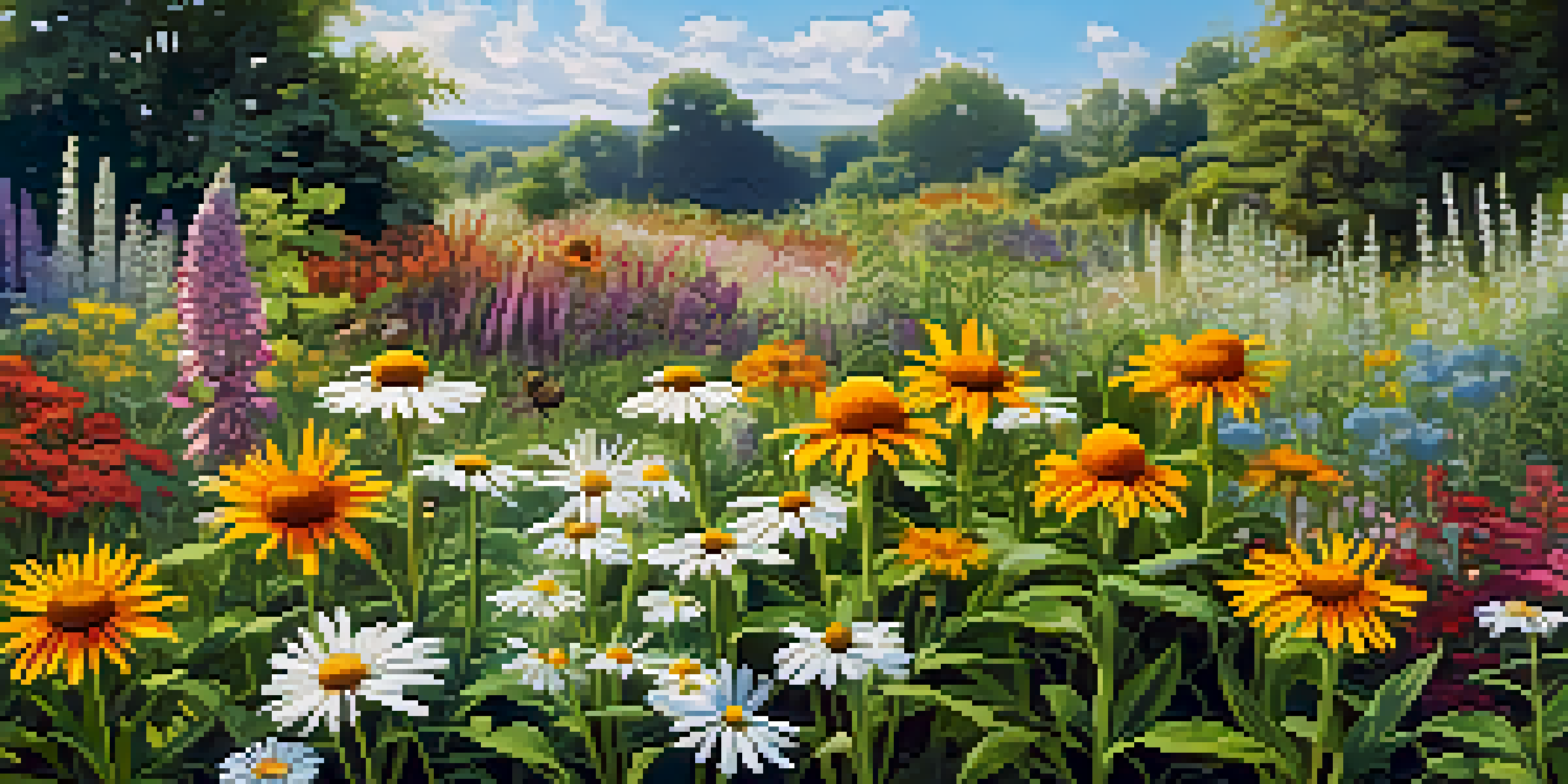 A colorful garden with native wildflowers and pollinators like bees and butterflies, under a sunny blue sky.