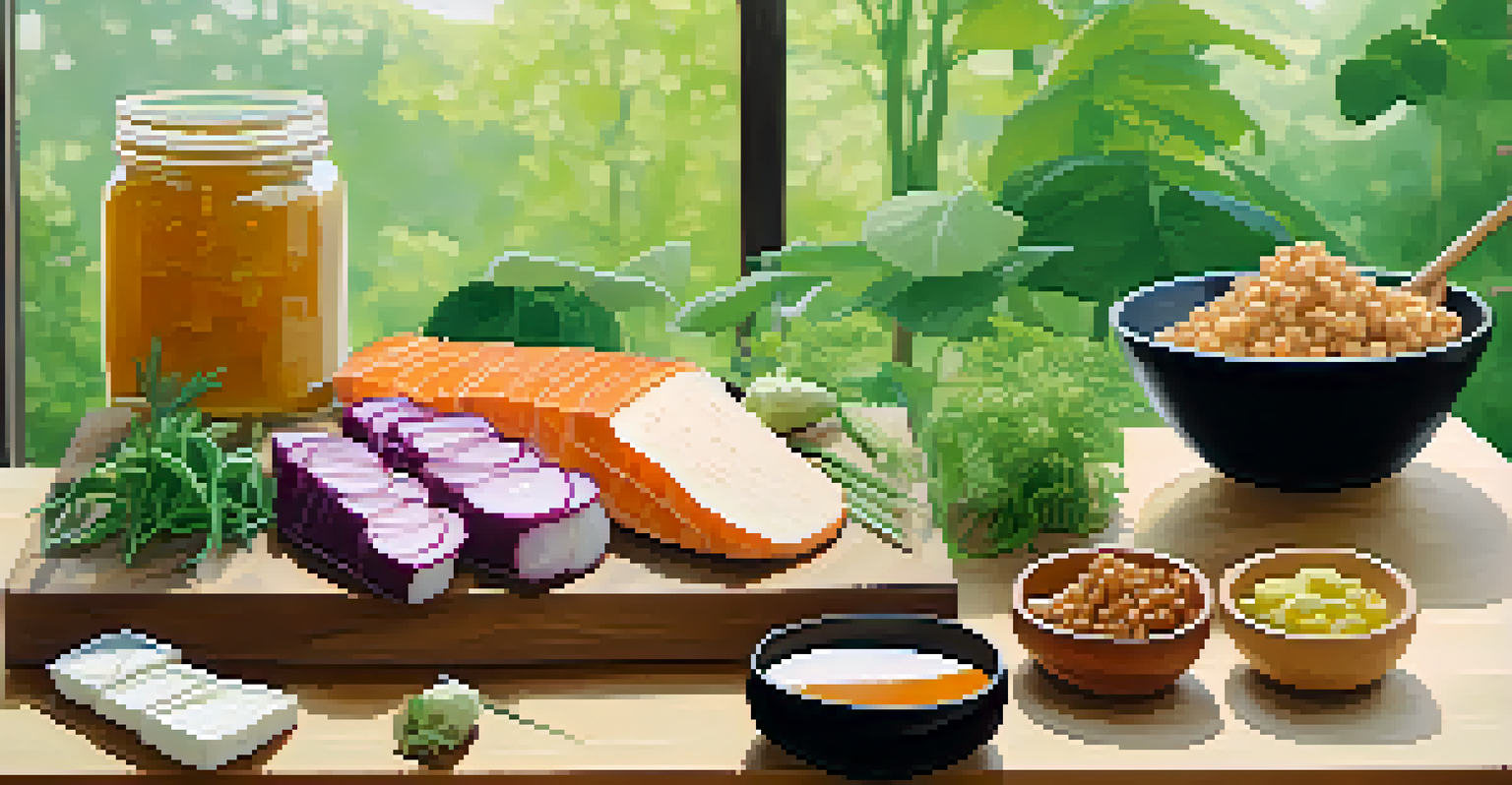 A wooden board displaying an assortment of fermented foods like miso paste and pickled vegetables, surrounded by greenery and natural light.