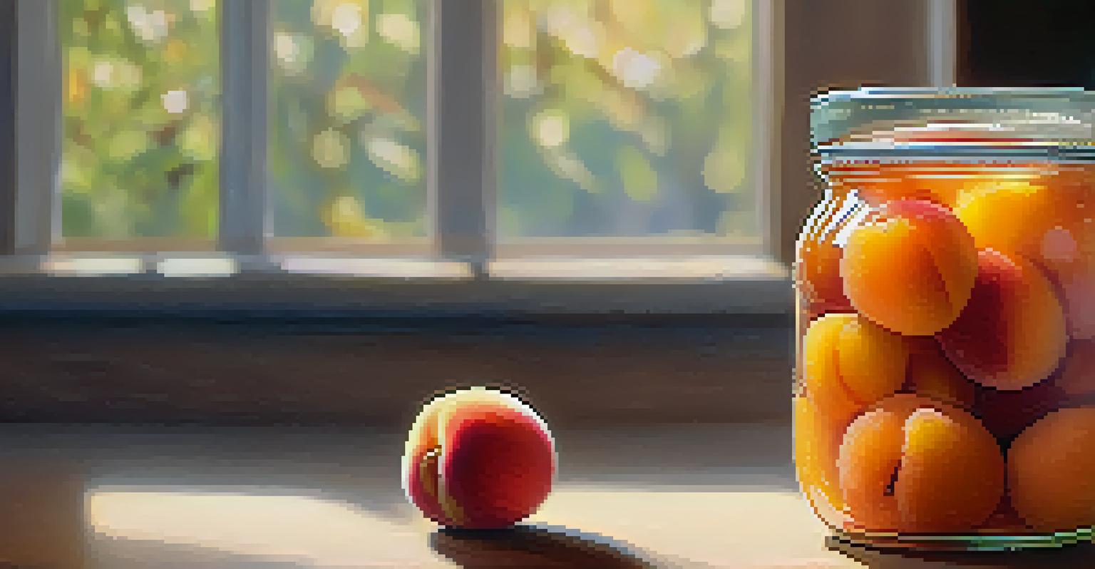 A close-up of a jar of canned peaches on a wooden shelf, with other jars of preserves blurred in the background.