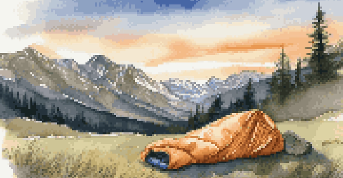 A close-up view of a down sleeping bag on a grassy campsite with mountains in the background during sunset.