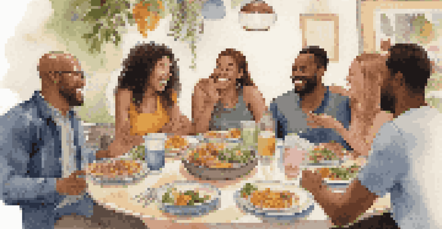 A diverse group of friends enjoying a lively discussion around a table, displaying engagement and joy.