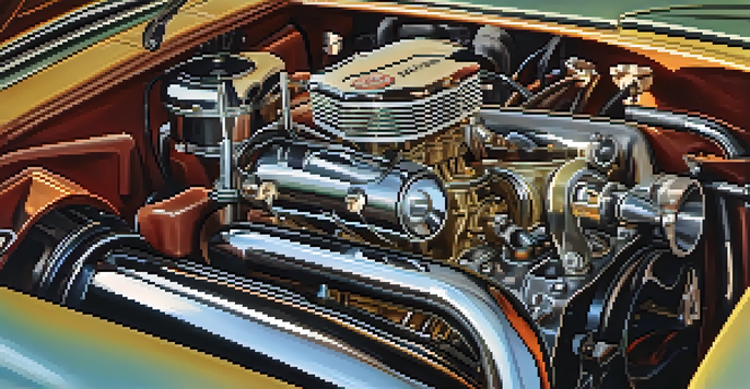 A detailed view of a vintage car engine being restored, showcasing tools and parts in a well-lit workspace.