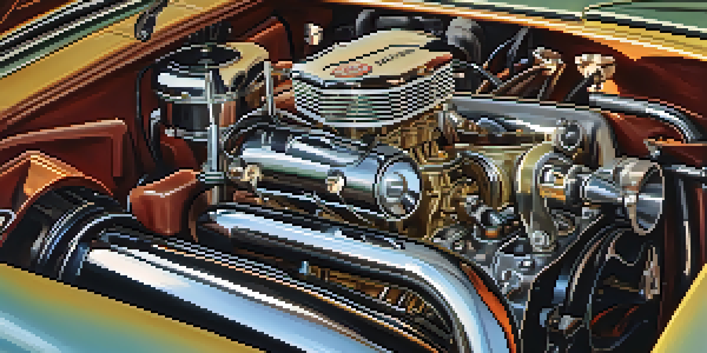 A detailed view of a vintage car engine being restored, showcasing tools and parts in a well-lit workspace.
