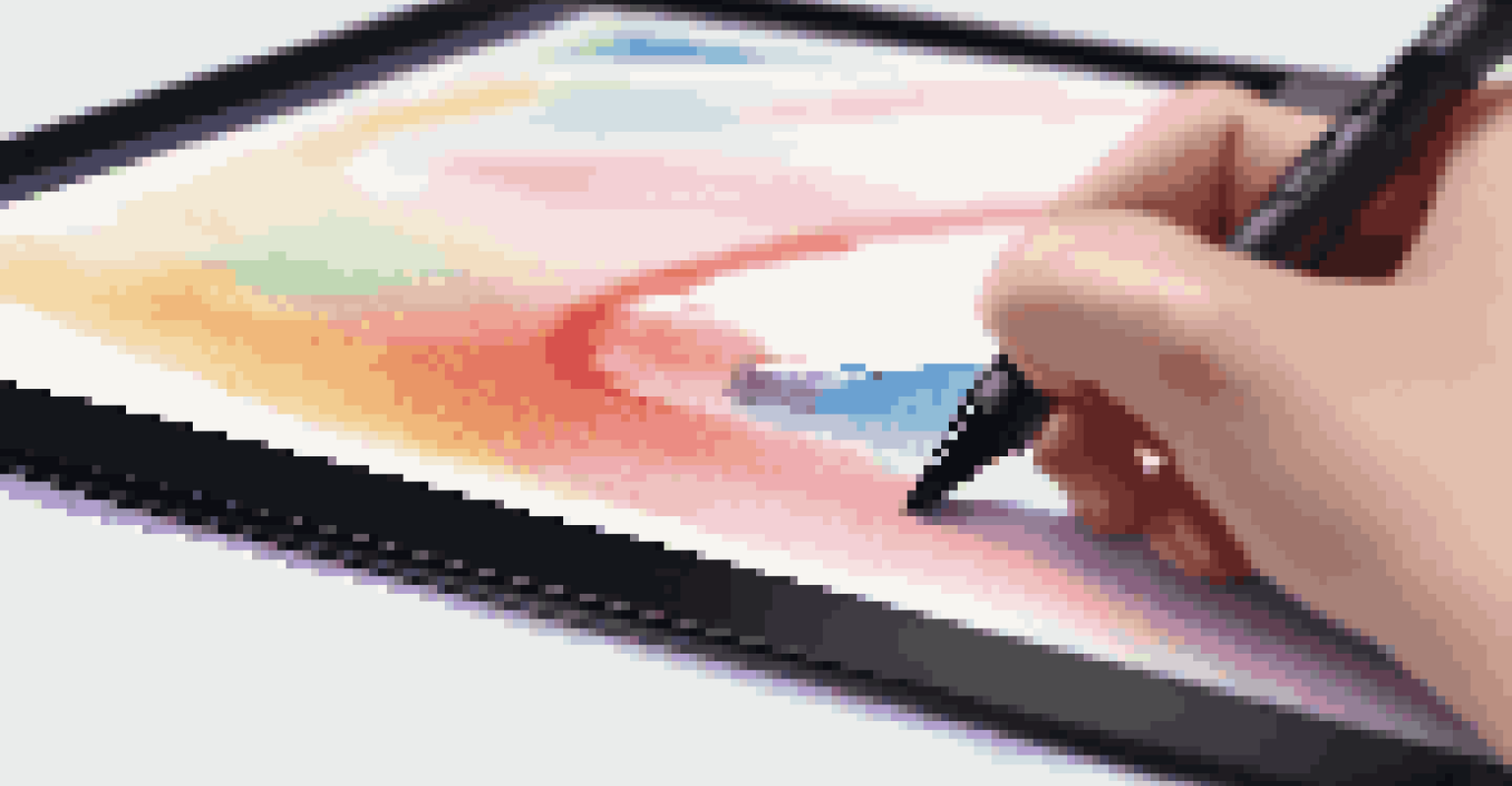 Close-up of a stylus on a drawing tablet with a colorful digital painting on the screen.