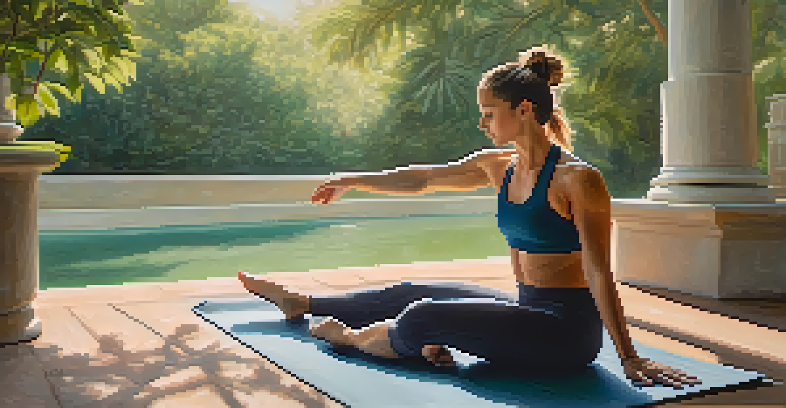 An athlete stretching on a yoga mat outdoors in a green environment, highlighting flexibility training.