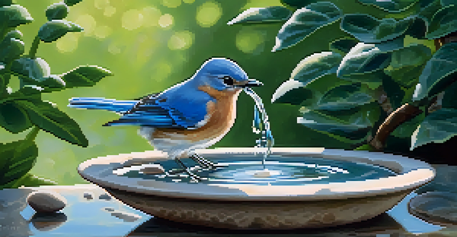 A close-up of a bird bath with a bluebird drinking water, surrounded by pebbles and greenery.