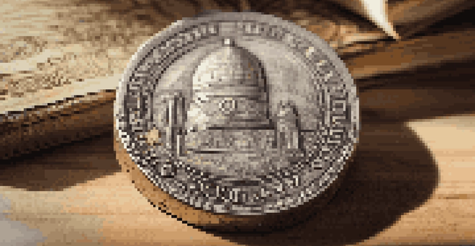 A detailed ancient coin on a wooden table, surrounded by books and a magnifying glass, illuminated by soft light.