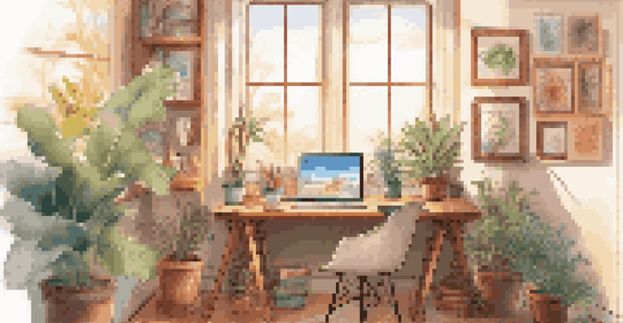 A cozy digital art workspace with a wooden desk, art supplies, and warm sunlight filtering through a window.