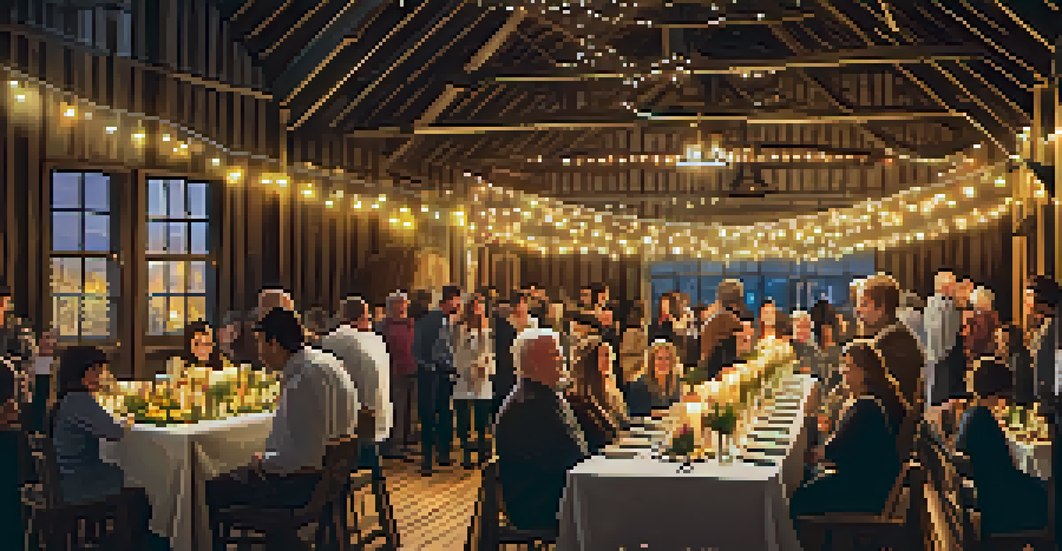 An intimate gathering in a rustic barn decorated with fairy lights and personal mementos.