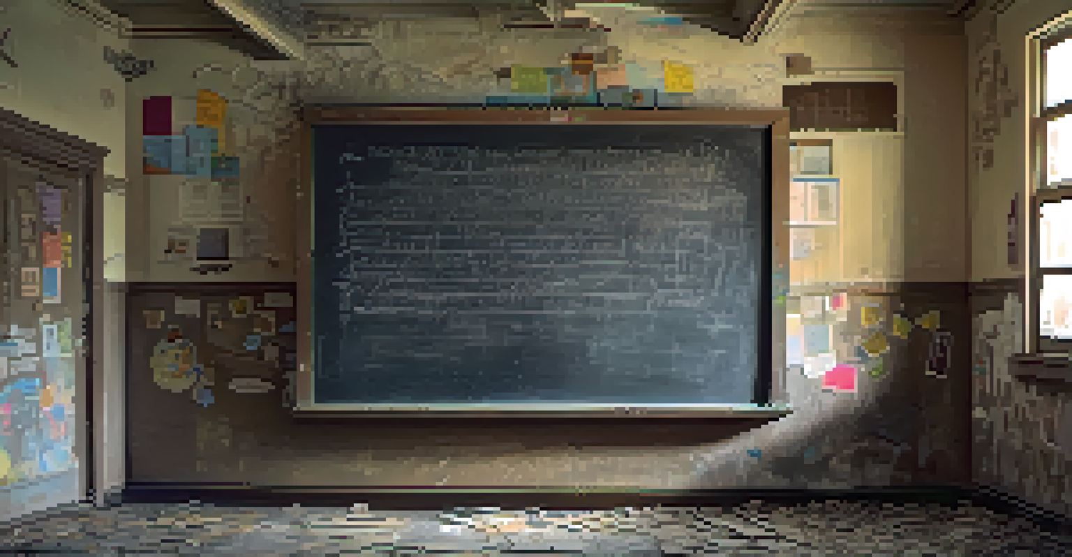 A close-up of a dusty chalkboard in an abandoned classroom, with faded writings and sunlight highlighting dust particles.