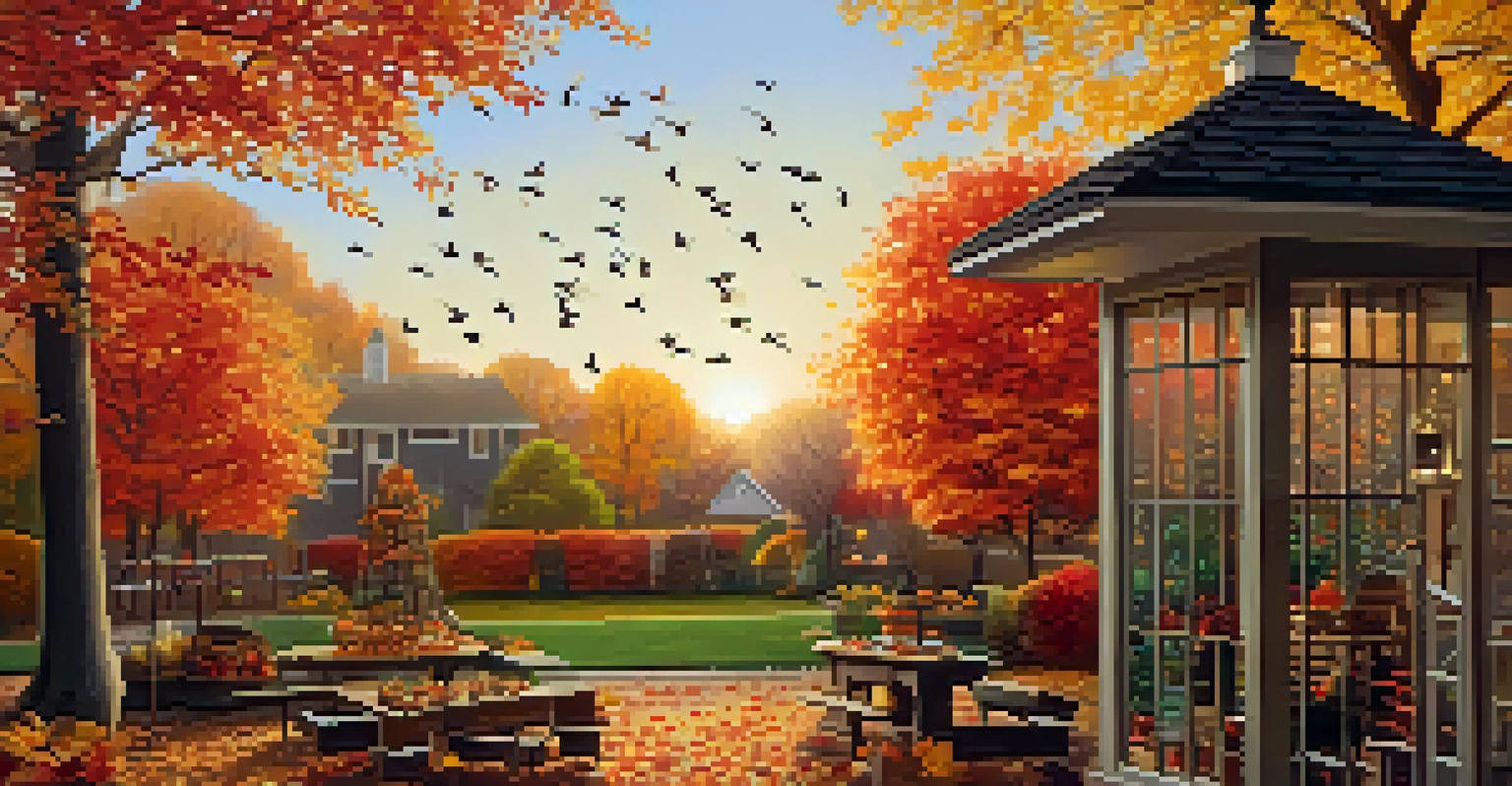 An autumn backyard scene with colorful bird feeders and migrating birds feeding amid fall foliage.