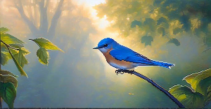 A bluebird perched on a branch in a park during early morning light, with soft golden hues and blurred trees in the background.