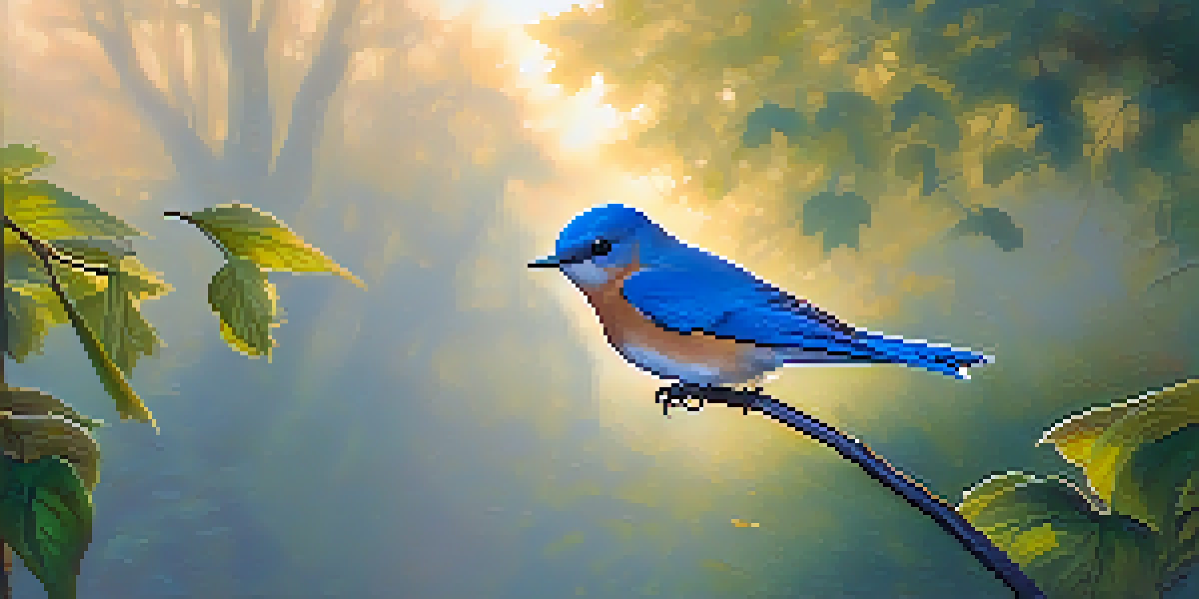 A bluebird perched on a branch in a park during early morning light, with soft golden hues and blurred trees in the background.