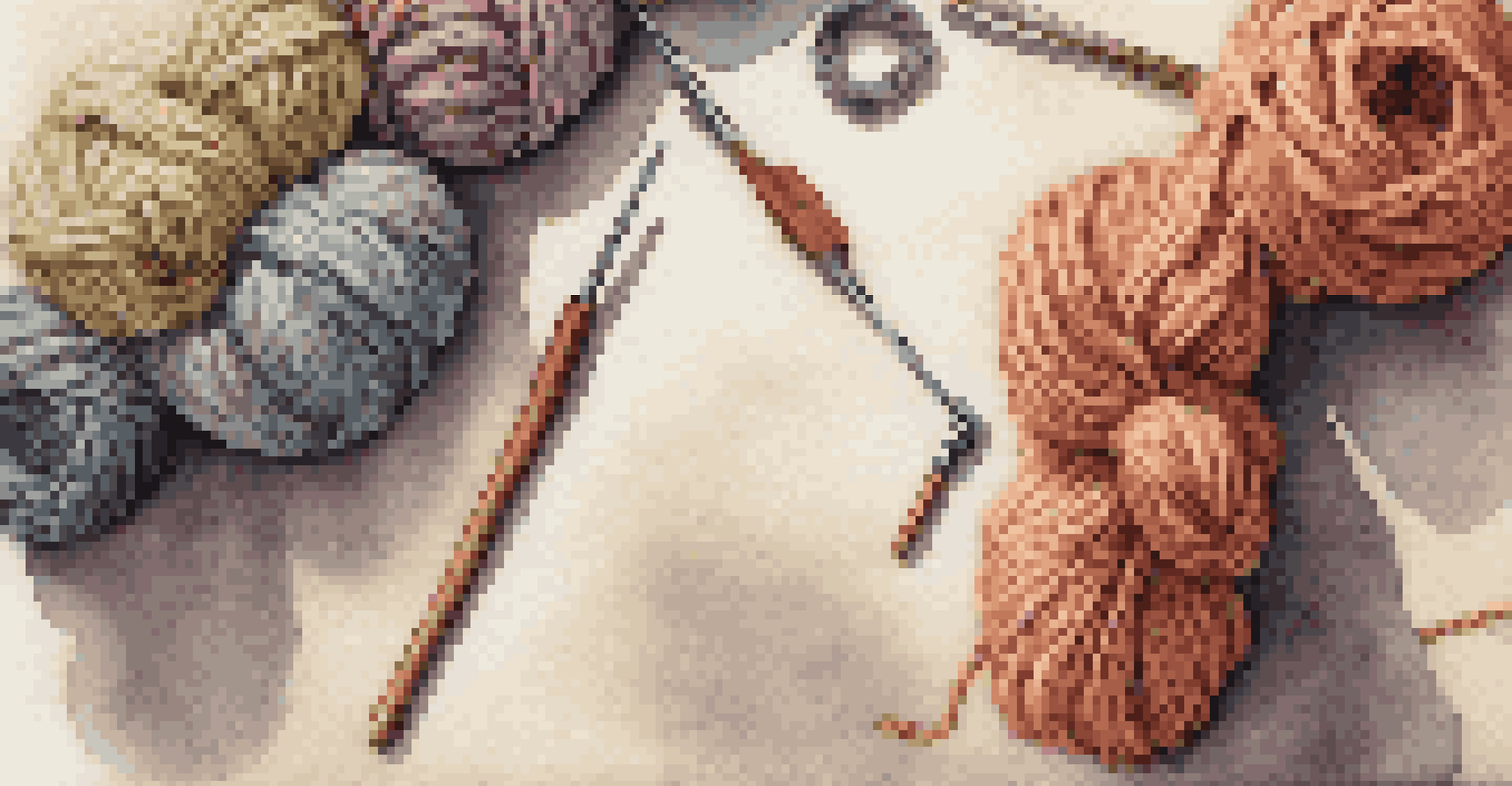 Overhead view of a crafting table with yarn tied in a classic knot surrounded by knitting tools.