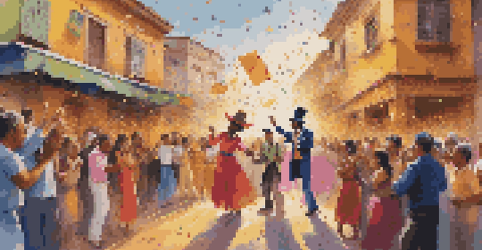 A street magician in colorful attire performing in Brazil, with an audience watching and confetti in the air during sunset.