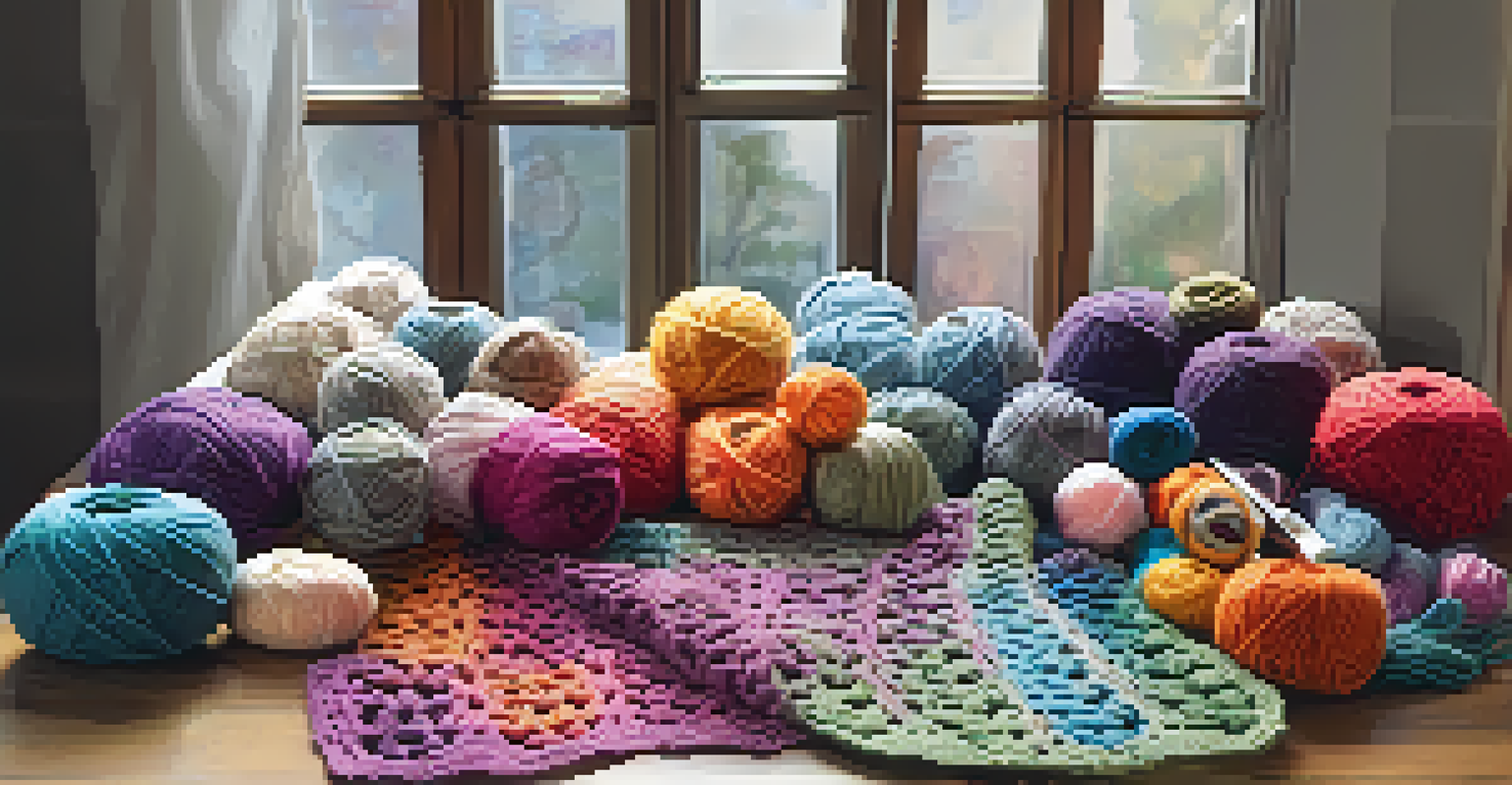 A tabletop filled with colorful yarn and crochet projects, showcasing various textures and patterns.