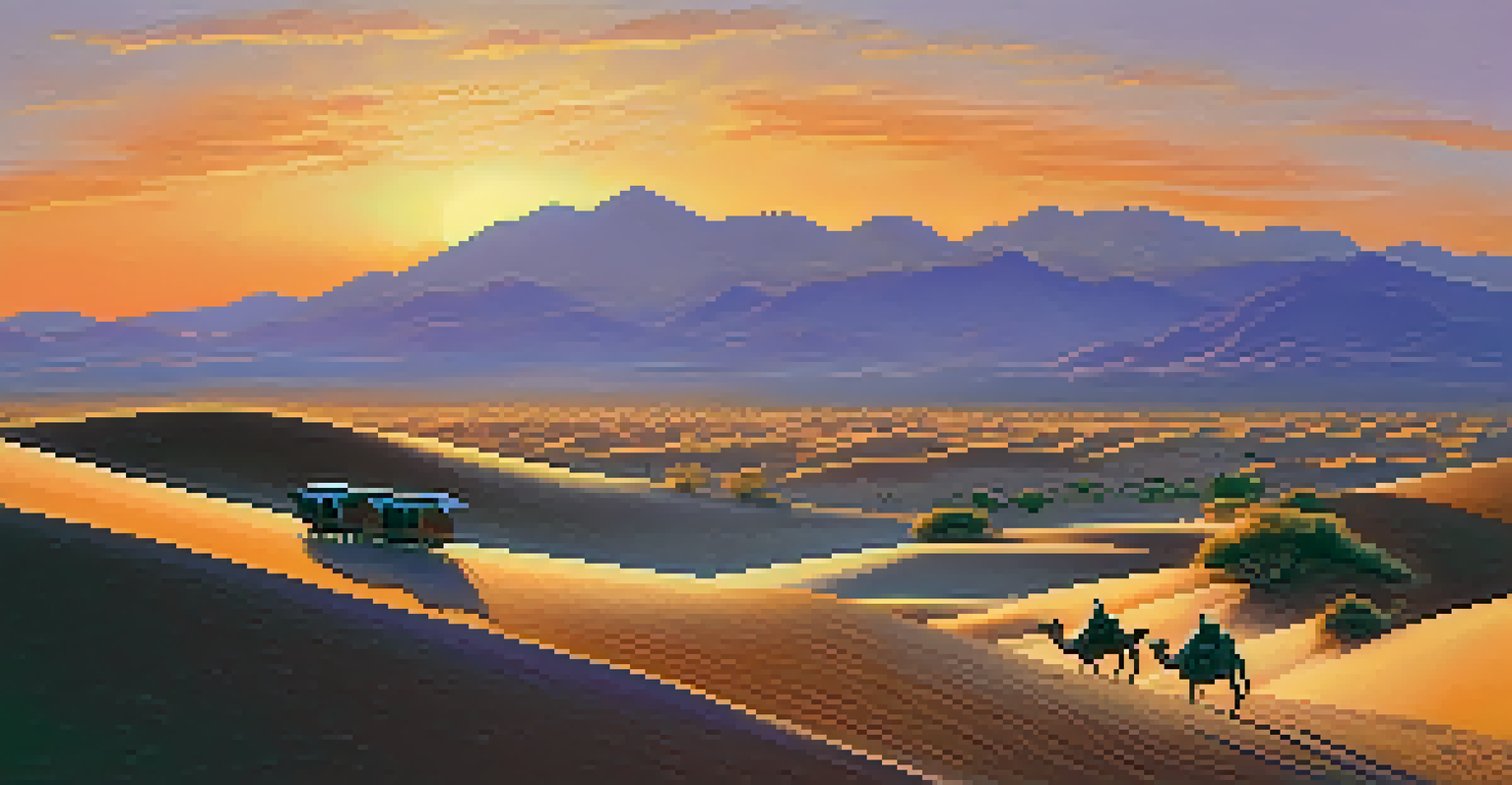 A peaceful sunset landscape of the Silk Road with camels traveling through sand dunes and lush oases.