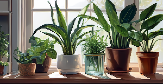 A cozy indoor space filled with various indoor plants, including a Snake Plant and Pothos, illuminated by sunlight from a window.