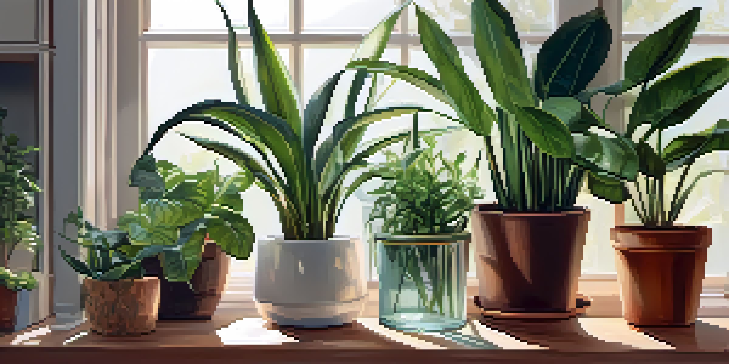 A cozy indoor space filled with various indoor plants, including a Snake Plant and Pothos, illuminated by sunlight from a window.