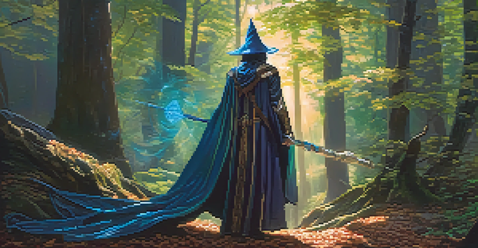 A fantasy wizard character in a colorful robe and cape, holding a glowing staff in a mystical forest with soft sunlight.