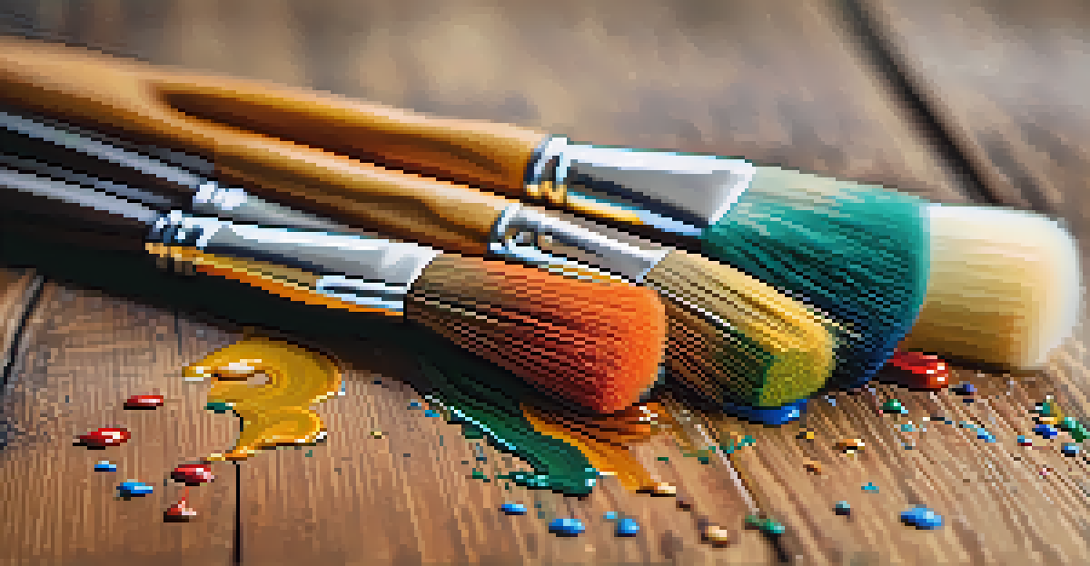 A close-up view of different types of acrylic paint brushes on a wooden table, showcasing vibrant paint on their bristles.