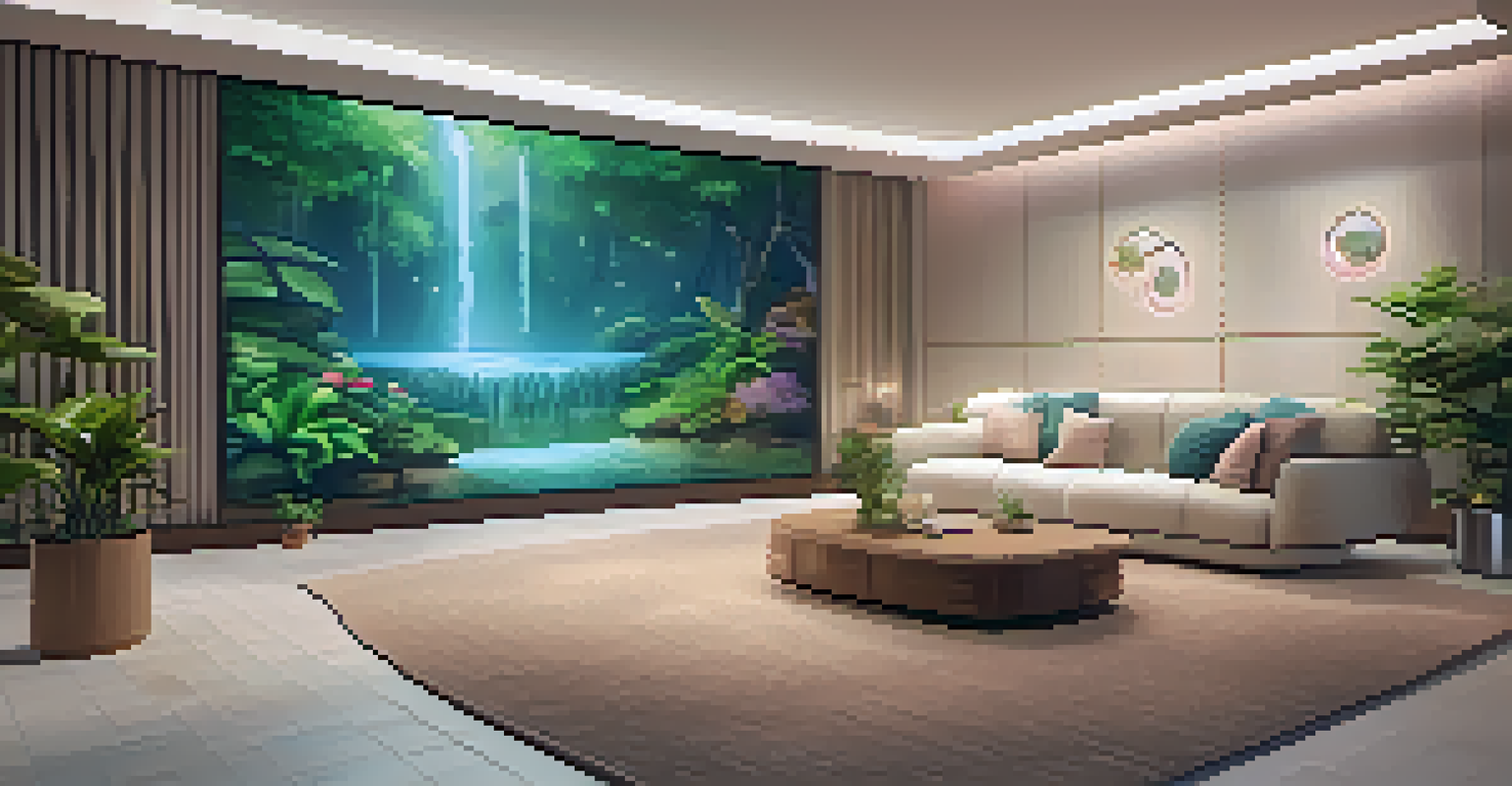 A virtual therapy room with soft lighting and calming colors, featuring a nature scene projected on the walls for relaxation.