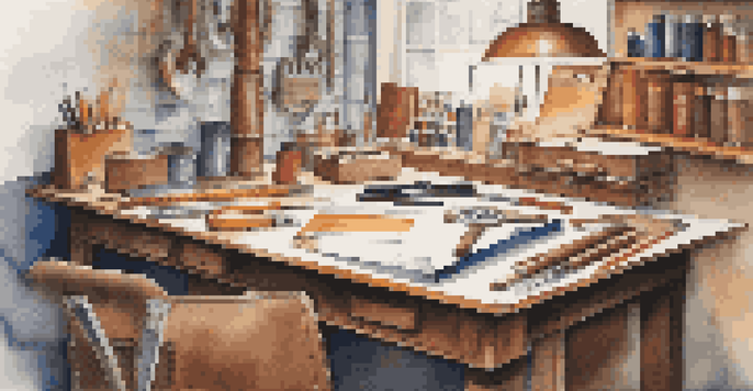 A leather cutting workspace with tools and leather pieces, highlighting organization and precision.