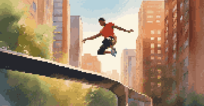 A parkour athlete performing a vault over a railing in an urban setting during sunset, with buildings and trees in the background.