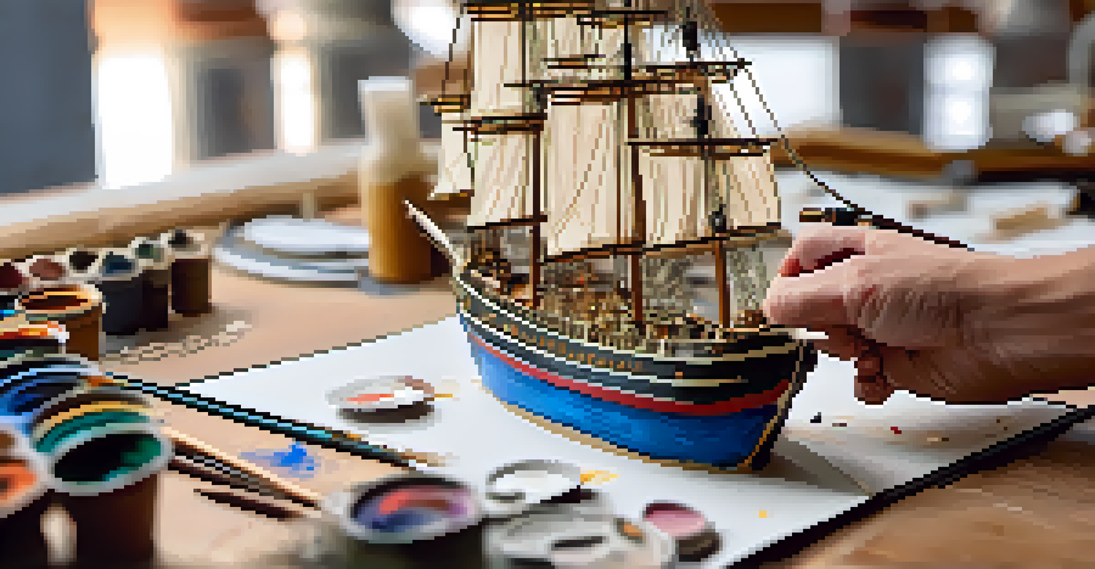 An artist painting a scale model of a historical ship with various paint pots around, showcasing intricate details and textures.