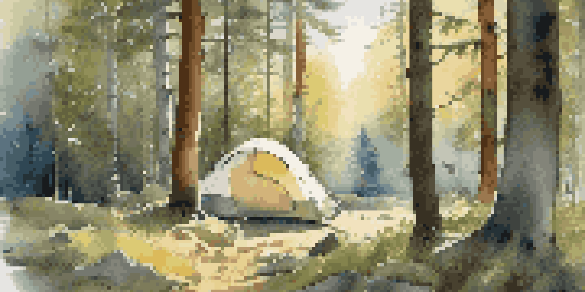 A peaceful campsite in a forest at dawn, with a tent on elevated ground, soft golden light, and bear tracks in the soil.