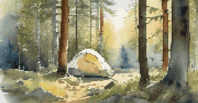 A peaceful campsite in a forest at dawn, with a tent on elevated ground, soft golden light, and bear tracks in the soil.