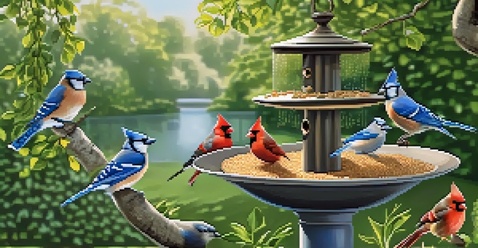 A backyard with different types of bird feeders and a birdbath, surrounded by greenery and sunlight.