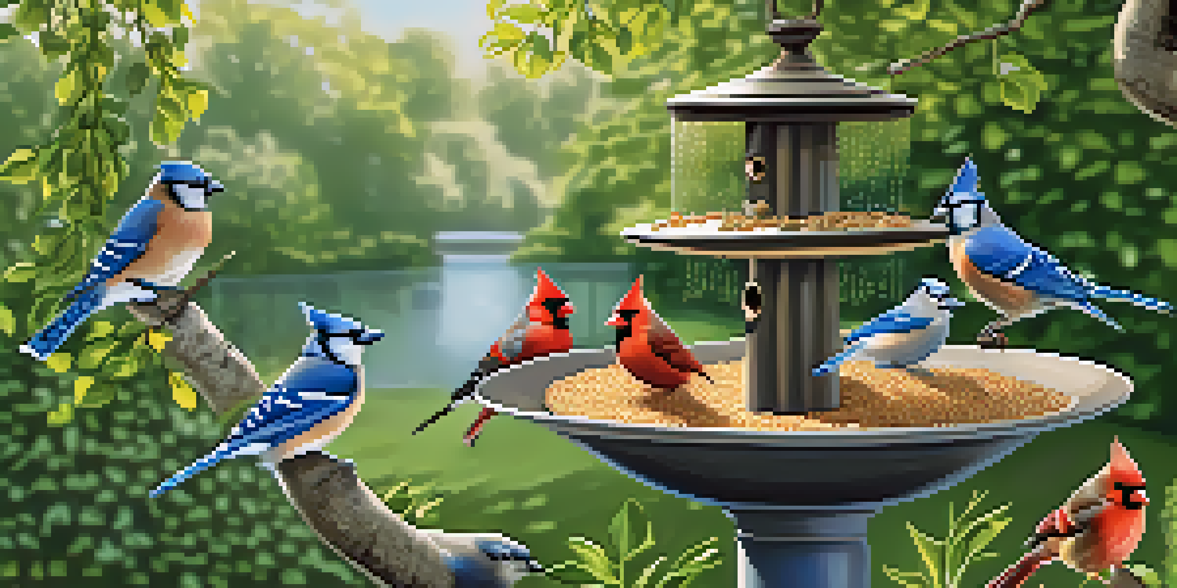A backyard with different types of bird feeders and a birdbath, surrounded by greenery and sunlight.
