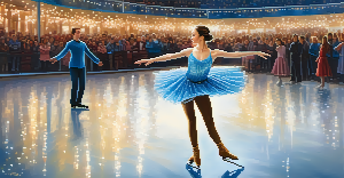 A figure skater in a blue costume performing a spin on an ice rink, with a cheering crowd in the background and warm lighting creating a magical atmosphere.
