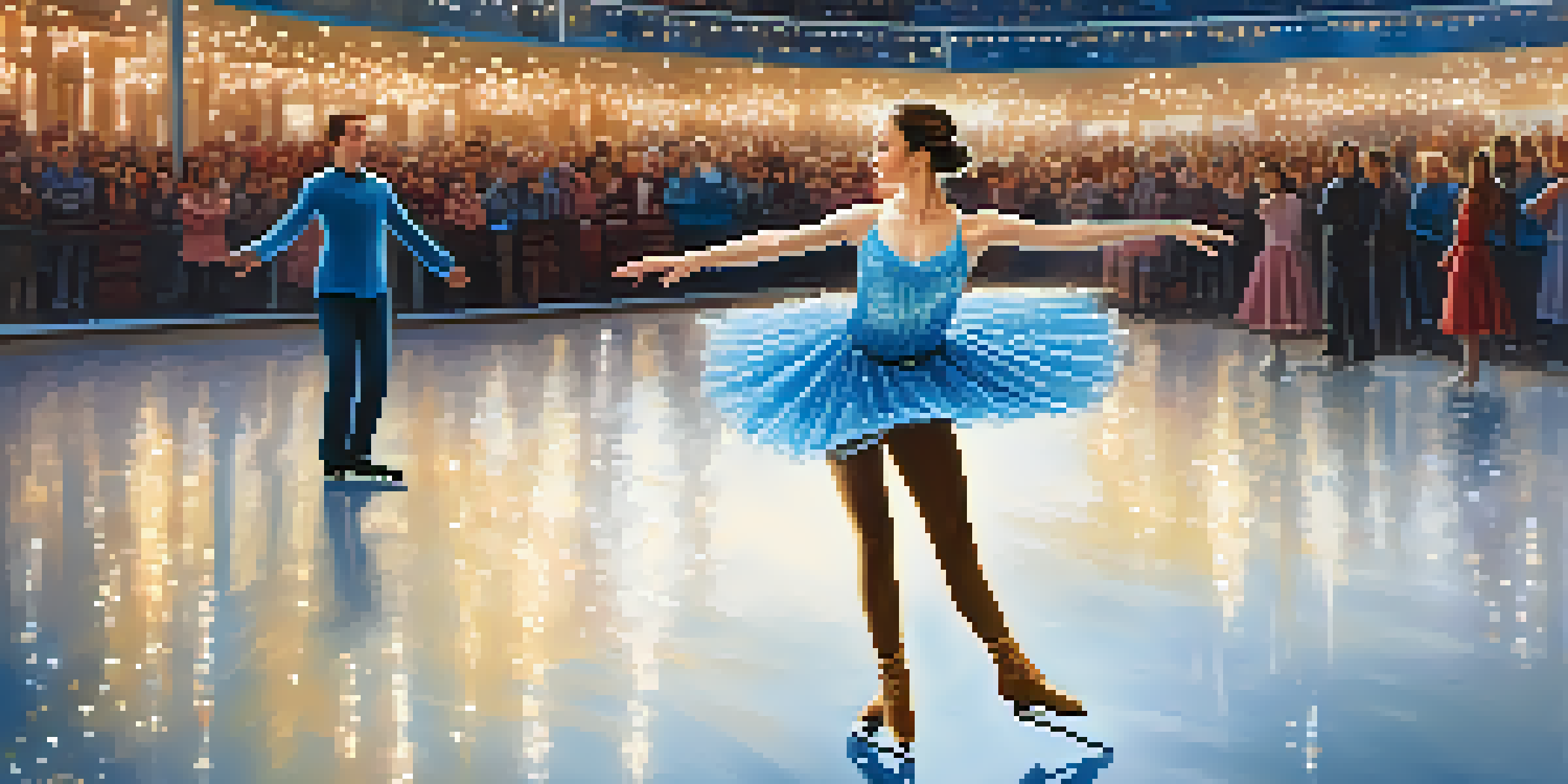 A figure skater in a blue costume performing a spin on an ice rink, with a cheering crowd in the background and warm lighting creating a magical atmosphere.