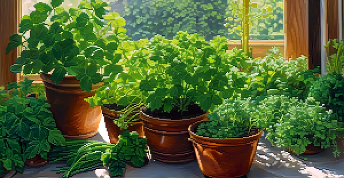 A colorful herb garden with fresh basil, parsley, and cilantro under bright sunlight, with a gardener's hand nurturing the plants.