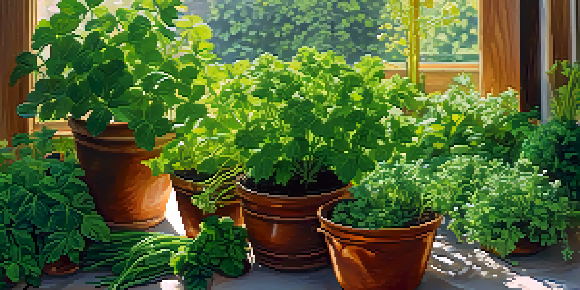 A colorful herb garden with fresh basil, parsley, and cilantro under bright sunlight, with a gardener's hand nurturing the plants.