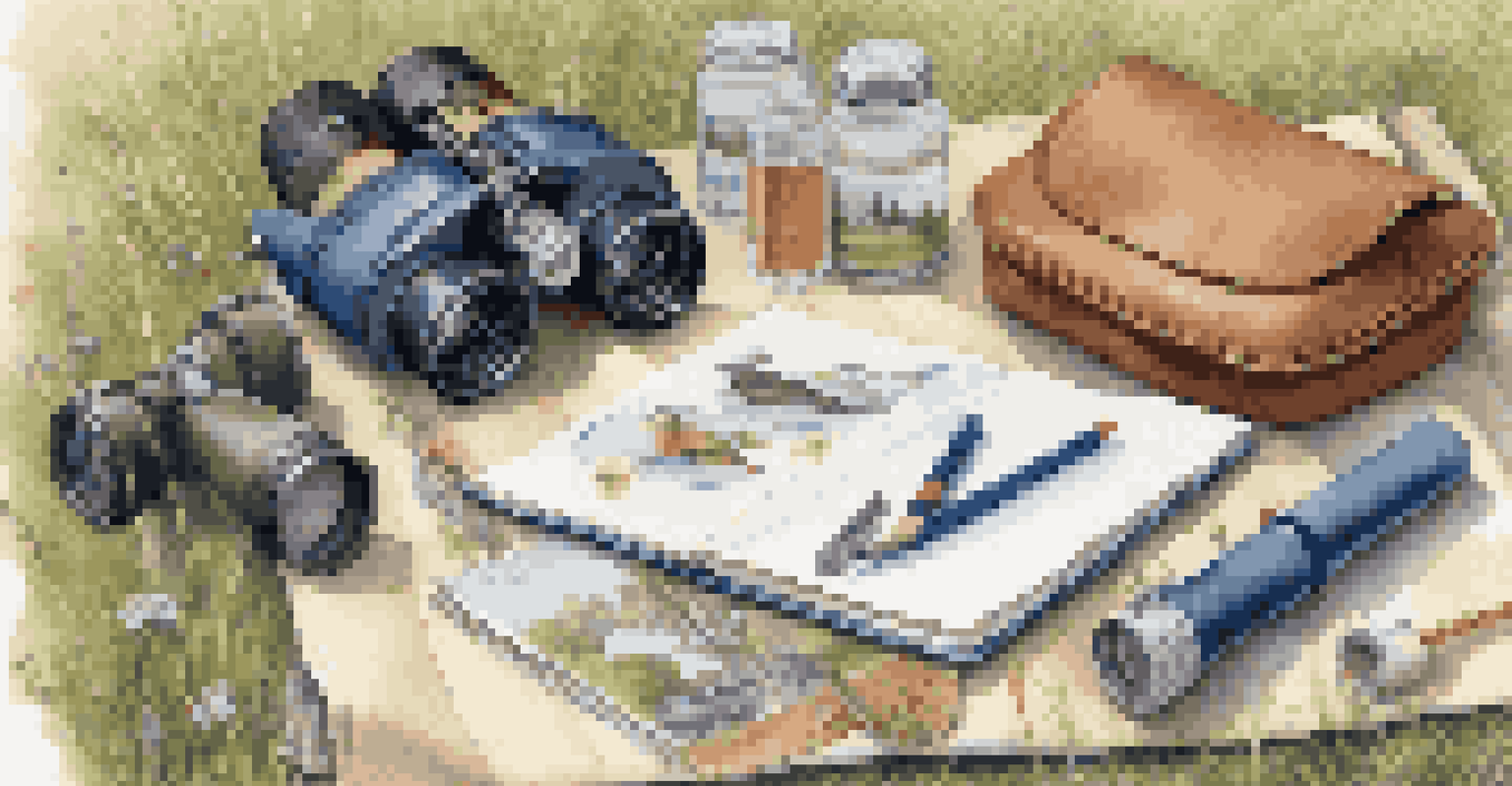 A birdwatching kit with binoculars, a field guide, and a notebook on a picnic blanket surrounded by wildflowers in a national park.